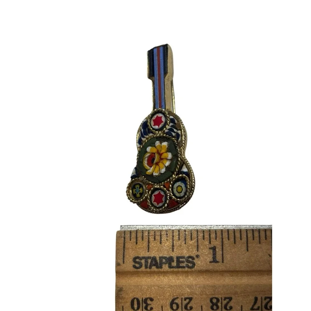 Vintage Gold Tone Italian Colorful Micro Mosaic Flower Guitar Music Brooch Pin